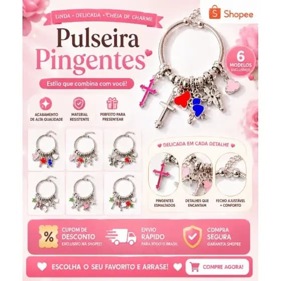 Pulseira Feminina Ajustável com Pingentes Charm Prata Berloques Coloridos Delicada Presente Moda
