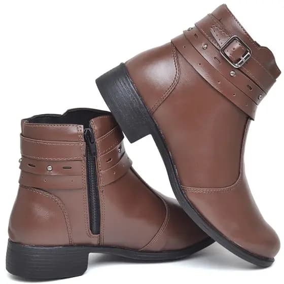 Bota Coturno Feminina Confortável Lançamento Cano Curto Médio Salto Baixo Fivela Zíper Inverno Barretos Rodeio