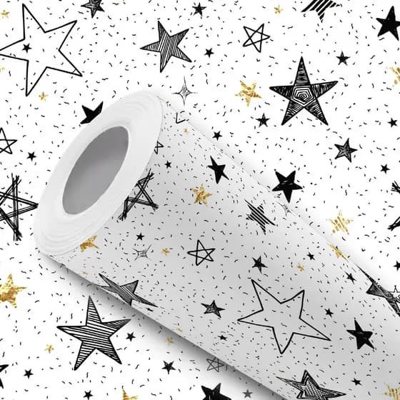 Papel de Parede Adesivo Estrelas Pretas e Douradas Fácil Instalação