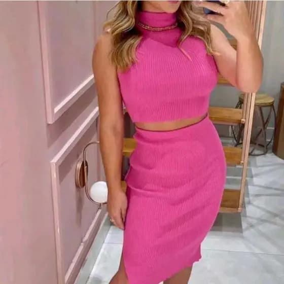 Conjunto Tricot Modal / Cropped com Saia Midi / Tricô / Gola Alta / Envio 24Hrs / Tendência