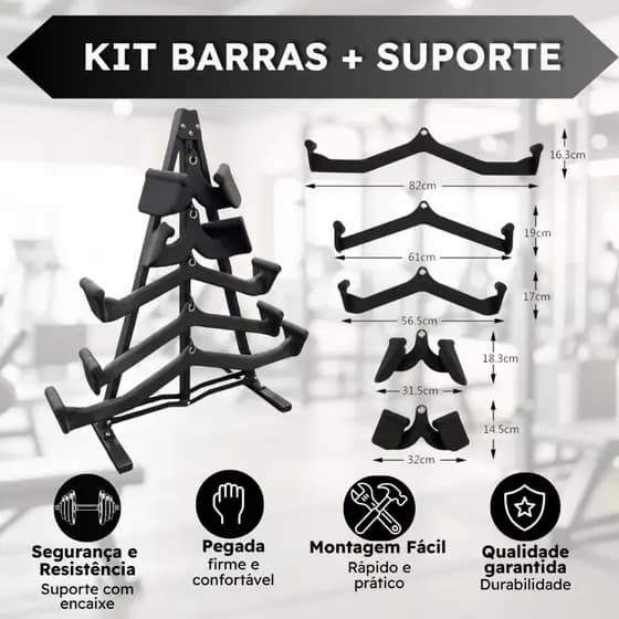 Kit 5 Barras Puxadores Anatomicos Costas Academia + Suporte Organizador Vertical De Chão Metal | Presente Dia dos Pais