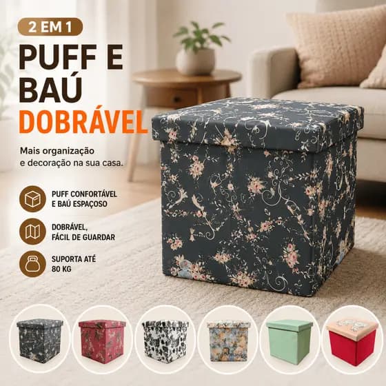 Puff Assento Baú Dobrável Caixa 2 em 1 Estampa Decorativo 30x30 Organizador