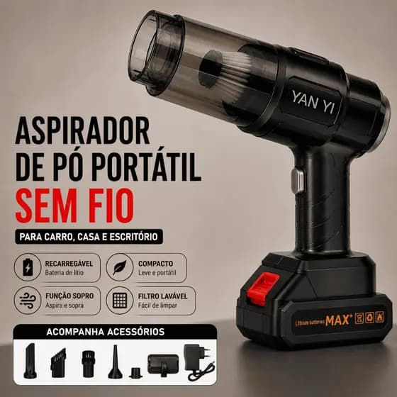 Aspirador de Pó Portátil Sem Fio Recarregável Função Sopro para Carro Casa Escritório com Acessórios | Presente Dia Pais