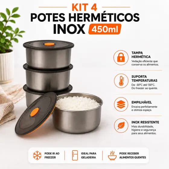 Kit 4 Potes Herméticos Inox 450ml Organizador Tampa Vedação Freezer Geladeira