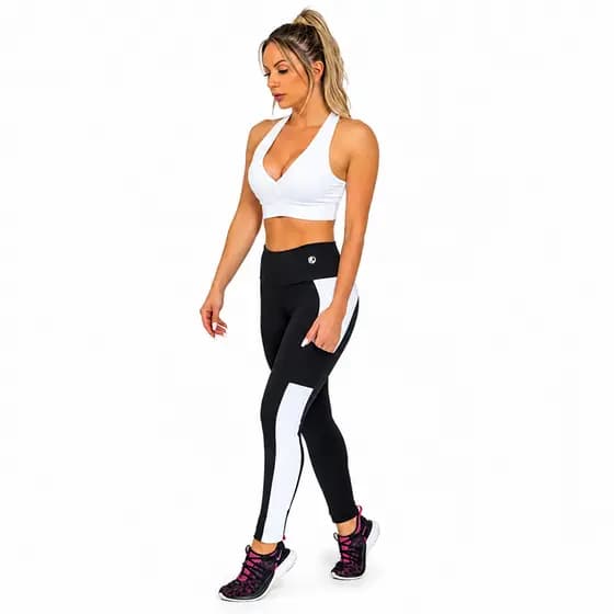 Conjunto Feminino Manalinda Fitness Recorte Branco Zero Transparência com Bolso Academia Treino