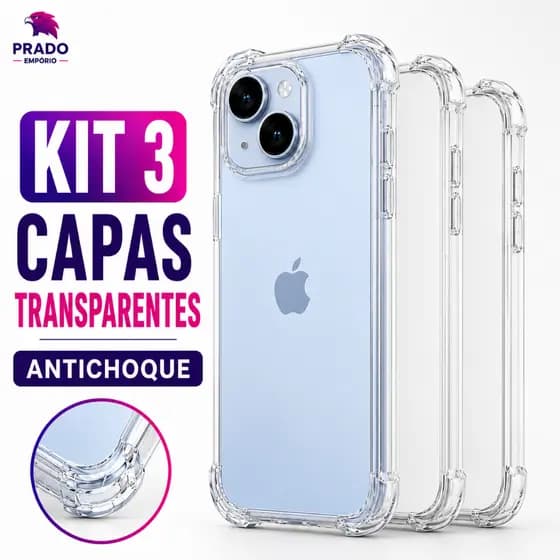 Kit 3 Capinhas Capas Transparente Antichoque TPU Premium iPhone 11 12 13 14 15 16 17 Pro Max