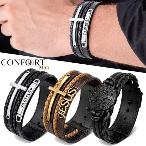 Pulseira Ajustável Couro Proteção Gratidão Resiliência Cruz Jesus - Modelos Variados