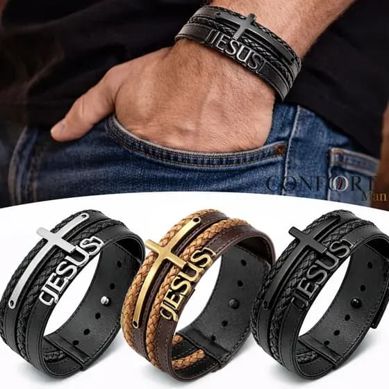 Pulseira Bracelete de Couro Unissex Ajustável Jesus Cruz Gratidão Proteção e Vários Modelos
