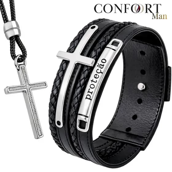 Kit Pulseira de Couro Masculina Cruz Gratidão + Colar Cruz Ajustável
