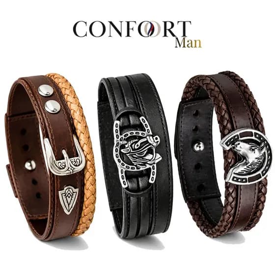 Pulseira de Couro Masculina Country Ajustável Cavalo Boiadeiro Fivela Top - Vários Modelos
