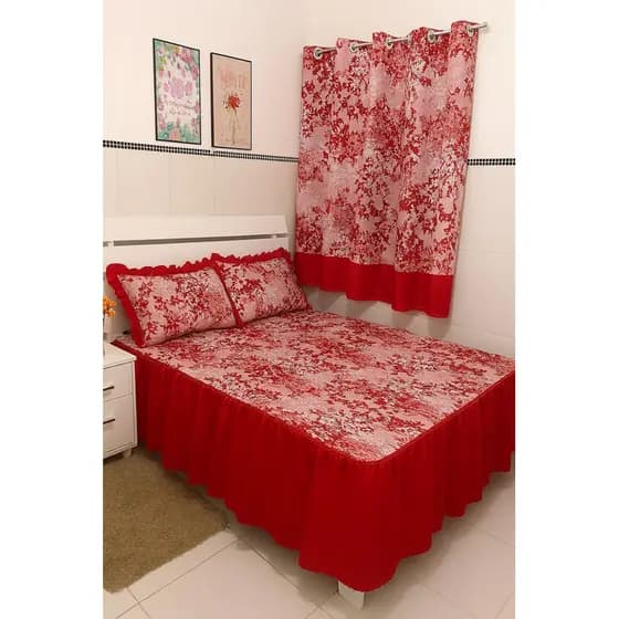 kit colcha com cortina queen com floral
