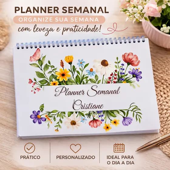 Planner Semanal Personalizado A5 | 54 Páginas | Capa com Nome, Foto ou Logo | Agenda Semanal Espiral | Organizador