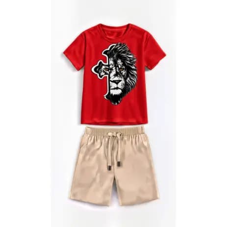 Kit Infantil Cristão Leão de Judá Menino Camiseta e Bermuda 100% Algodão Fio 30.1 . Gospel
