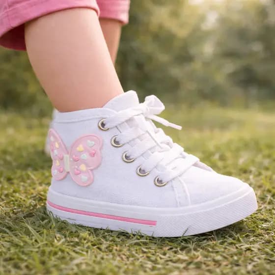 Tenis Sola Detalhes Cano Alto Infantil Meninas Casual Primeiros Passos com Enfeite Borboleta Rosa Delicada