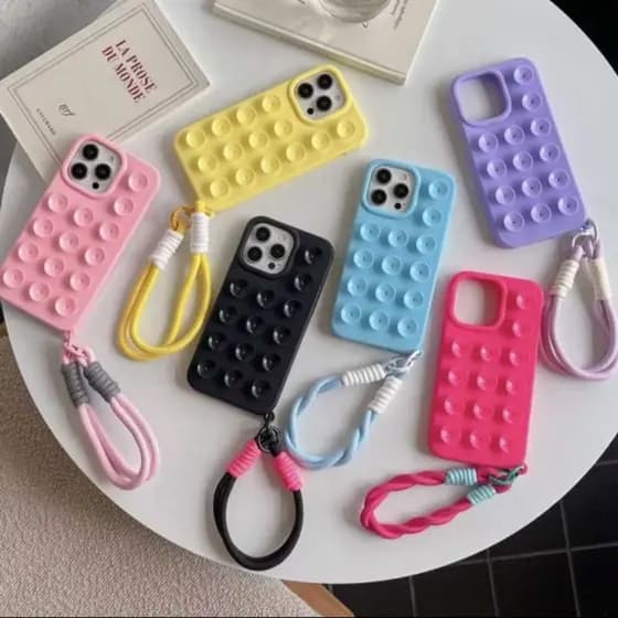 Capa Compatível com iPhone com Ventosa Silicone + Cordão Anti-queda, Lindas Cores, 11/ 12/ 13/ 14