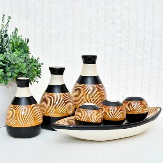 Kit 7 Peças Trio + Centro de mesa Vaso Grande Decorativo para Sala Conjunto Objeto Decorativo Cerâmica Decoração Enfeite Rack vasos centro de mesa e Dupla de vasos