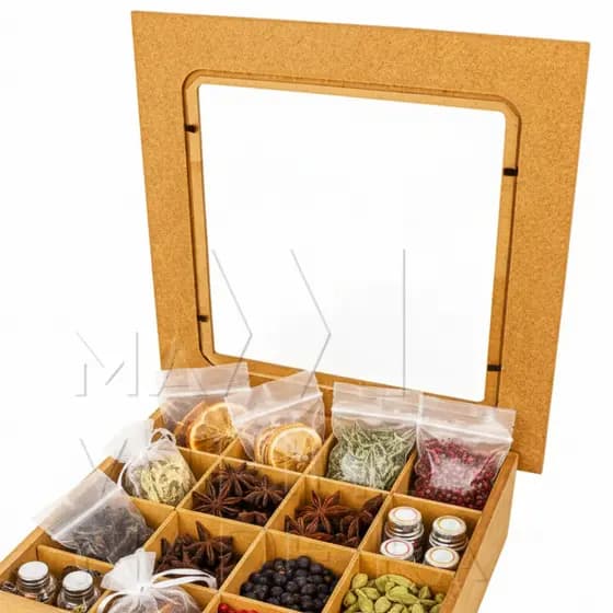 Caixa De Gin Mdf 12 Divisórias Para Especiarias Com Tampa De Vidro Suporte Pra Colher Artesanato