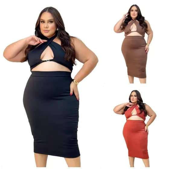 Conjunto Plus Size Feminino Cropped Tira e Saia Evangélica Moda Modesta Tamanhos 44 ao 50