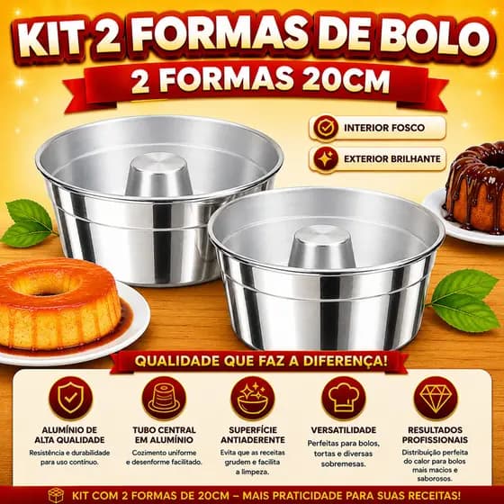 Kit 2 Formas De Bolo E Pudim 20cm Com Furo Central Alumínio Redonda Bolo Caseirinho Assadeira Jogo Duas Unidades