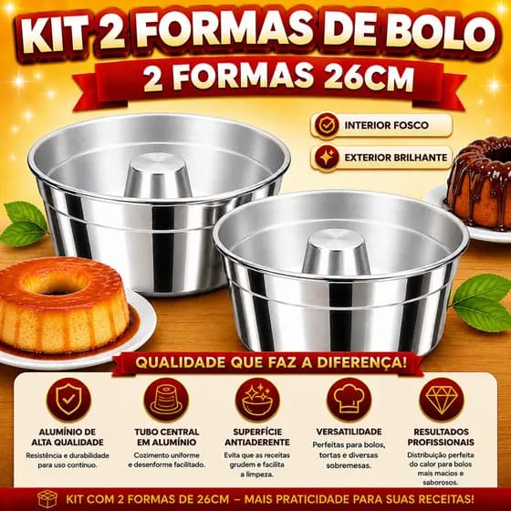 Kit 2 Formas De Bolo E Pudim 26cm Com Furo Central Alumínio Redonda Bolo Caseirinho Assadeira Jogo Duas Unidades