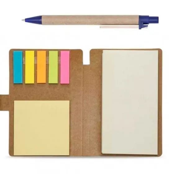 Bloco Para Anotações em Formato de Caderno Com Capa e Caneta Ecológica Mais Posti-it Para Marcar Paginas