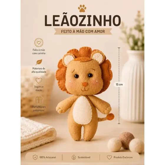 Leão em feltro Artesanal com 15 cm – Decoração e Presente Criativo