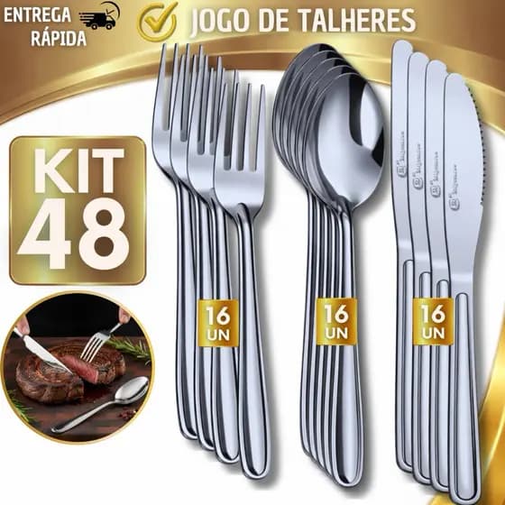 Kit 48 Talheres Completo Garfo Faca Colher de Mesa Aço Inox Durável Cozinha Restaurante Buffet Bar