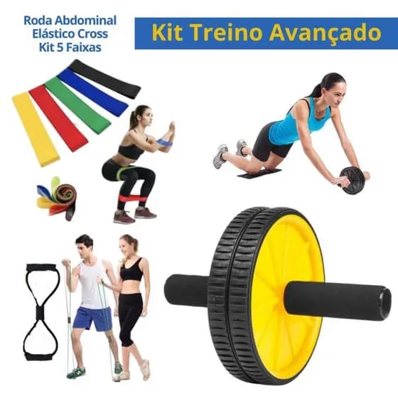 Kit Treino Faixa Elastica Avançado Fitness Roda Abdmonial 11 Peças Musculação ou 5 Faixas Elásticas ou Crossfit Pilates