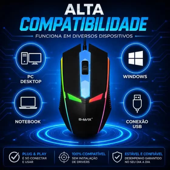 Mouse Gamer BMAX BM-616 RGB com Fio LED USB para PC Notebook Jogos Ergonômico 1600 DPI