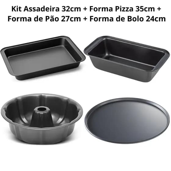 Conjunto De Formas Assadeiras 4 Peças Antiaderentes Bolo Pizza Tortas Pão Aço Carbono Não Gruda