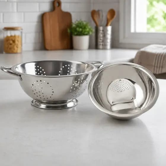Kit Conjunto Escorredor de Macarrão e Massas Alça Inox + Escorredor Lavador de Arroz Inox