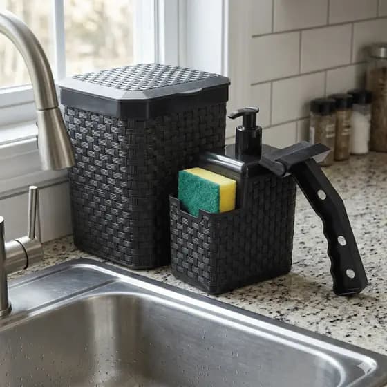Kit Cozinha Completa Porta Detergente Sabão Rodo Lixeira Lixo Rattan Compacto
