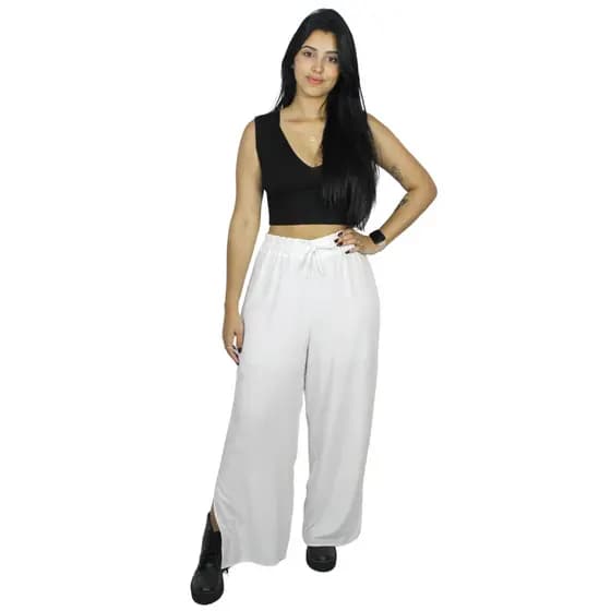 Calça Pantalona Feminina com Fenda Lateral Tecido Viscose Cintura Alta