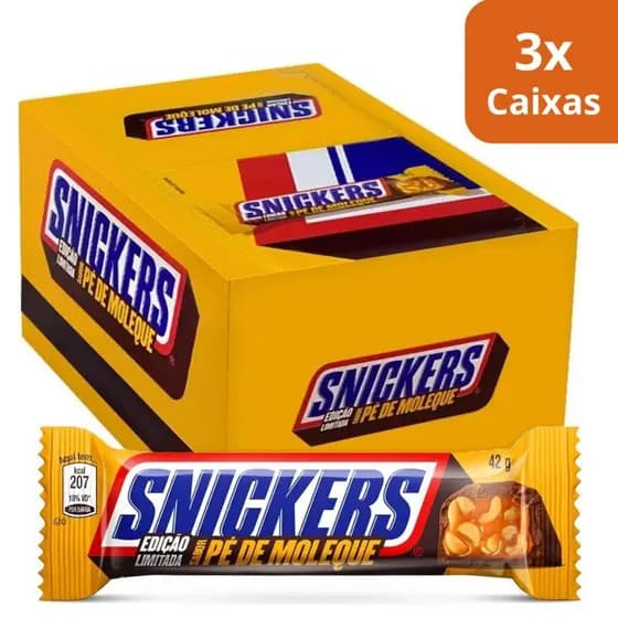 Kit 3x Chocolate Snickers 42g Sabor Pé De Moleque Caixa Com 20 Unidades