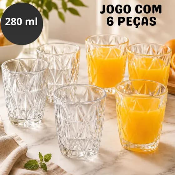 Jogo 6 Copos Diamond 280ML Vidro Grosso Diamante Luxo Transparente Resistente Moderno Copo Para Água Suco Refrigerante