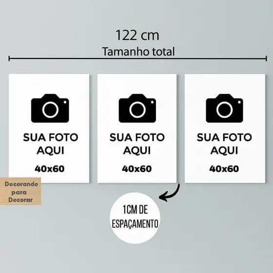 Quadro Decorativo 3 pecas 120x60 Personalizado sua Imagem Qualquer Foto Minha Logo Casal Familia Casamento