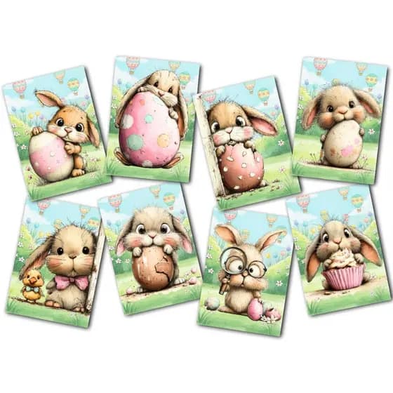 Kit de Quadros Decorativos de Páscoa Coelhos Fofinho - 08 Peças - Feito em Madeira