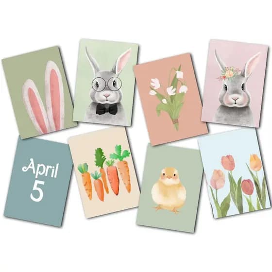 Kit de Quadros Decorativos de Páscoa Coelhos Artísticos - 08 Peças - Feito em Madeira, Inclui Adesivo