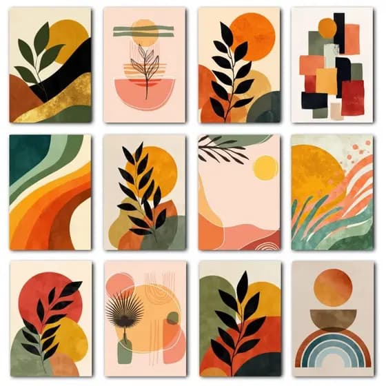 Kit 12 Quadros Boho Decorativos Cores Vivas em Madeira - Em Madeira já com Fita Adesiva - Moderno