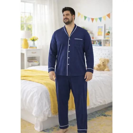 Pijama Americano Masculino De Algodão Longo Plus Size Aberto Botões