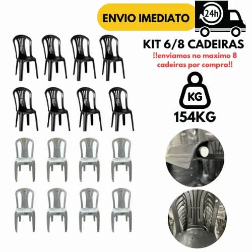 Kit 8/6 Cadeira Bistrô Branca Preta 154Kg Plástica Resistente P/Igreja Jardim Escritório Bar Piscina