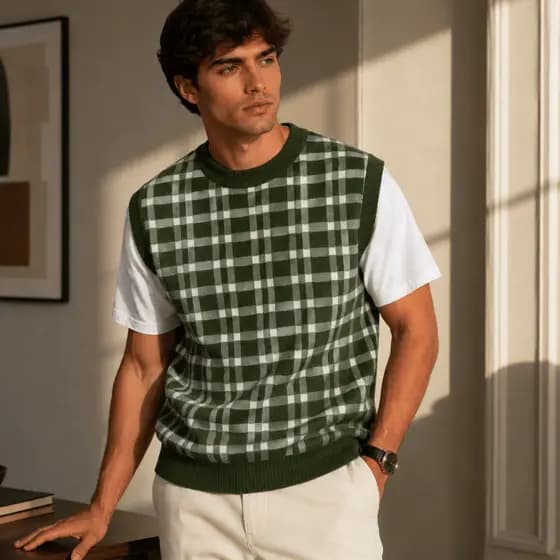 Colete Masculino Tricô Xadrez Moderno Sem Mangas Casual Elegante Outono Inverno