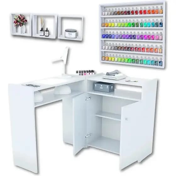 Mesa Para Manicure Em L Com Armário Nail Design Profissional + Expositor Suporte De Esmaltes + Nicho