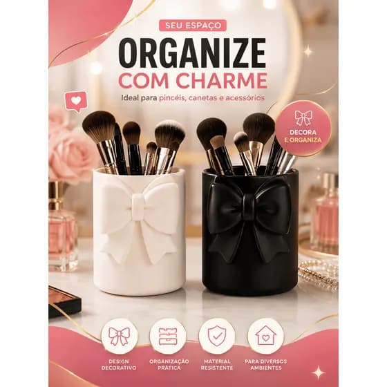 Porta Canetas Decorativo Com Laço Porta Lápis Organizador De Mesa Porta Pincel Maquiagem Branco Preto