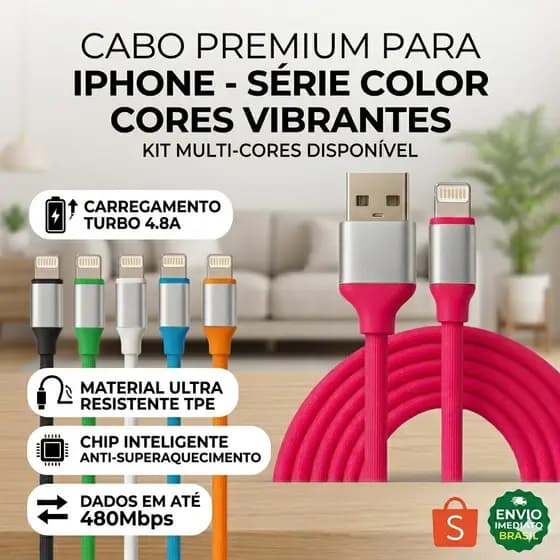 KIT 2 CABOS Carregador Colorido USB - Lightning Turbo 1.20 Metros Celular IPhone 8 X 11 12 13 14 PROMOÇÃO