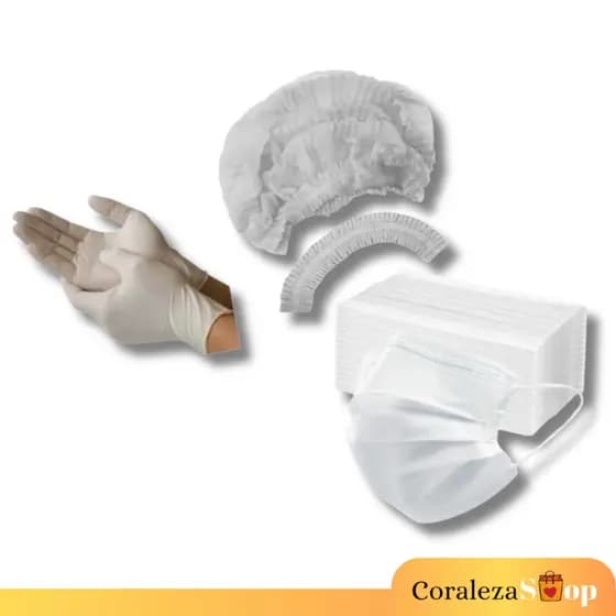 Kit Branco 100 Luva Latex+100 Touca TNT+ 50 Máscara Descartavel Tripla camada