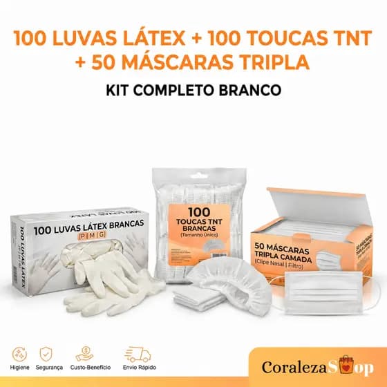 Kit Descartável Branco: 100 Luvas Látex + 100 Toucas TNT + 50 Máscaras Tripla Camada