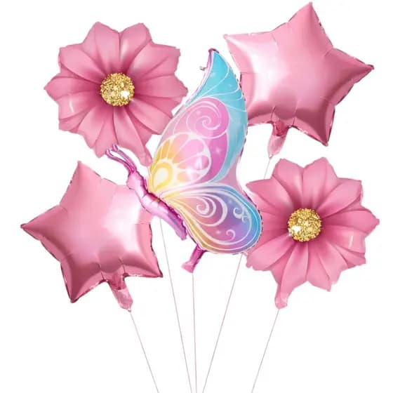 Kit C/ 5 Balões Metalizados Borboleta + Flor + Estrela Festa
