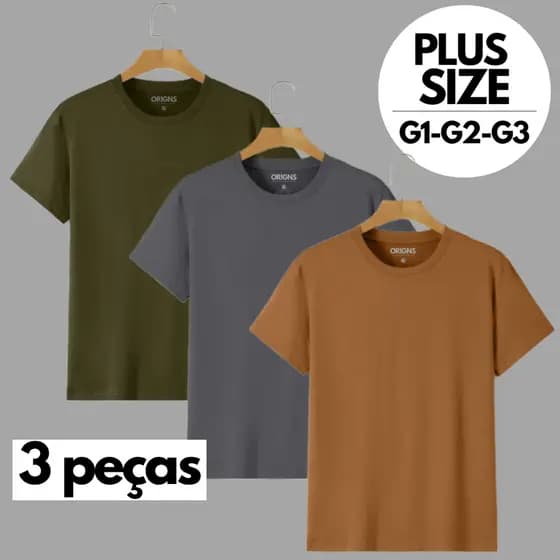 Kit 3 Camiseta PLUS SIZE Básica Camisa Masculina Algodão G1/G2/G3