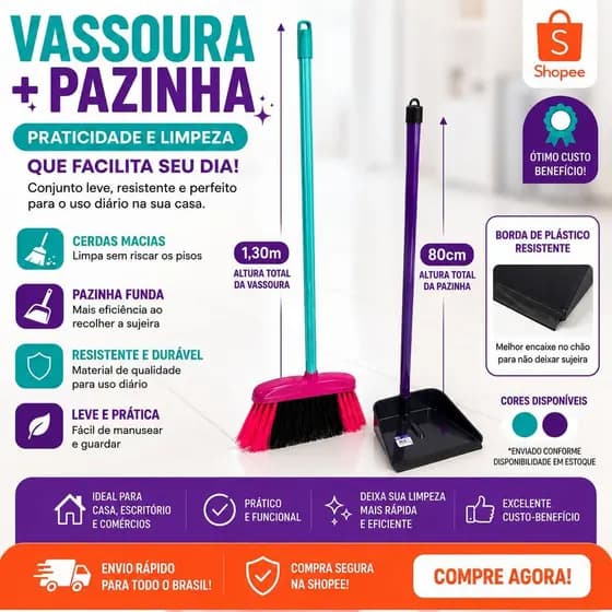 Vassoura com Pazinha Cabo Longo Kit Limpeza Prático Resistente para Casa Pátio